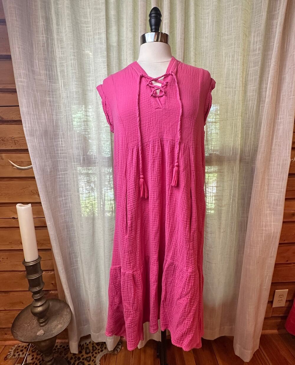 Sundays Ari Dress Pink Cotton Gauze Lace Up Tassel XS Anthropologie